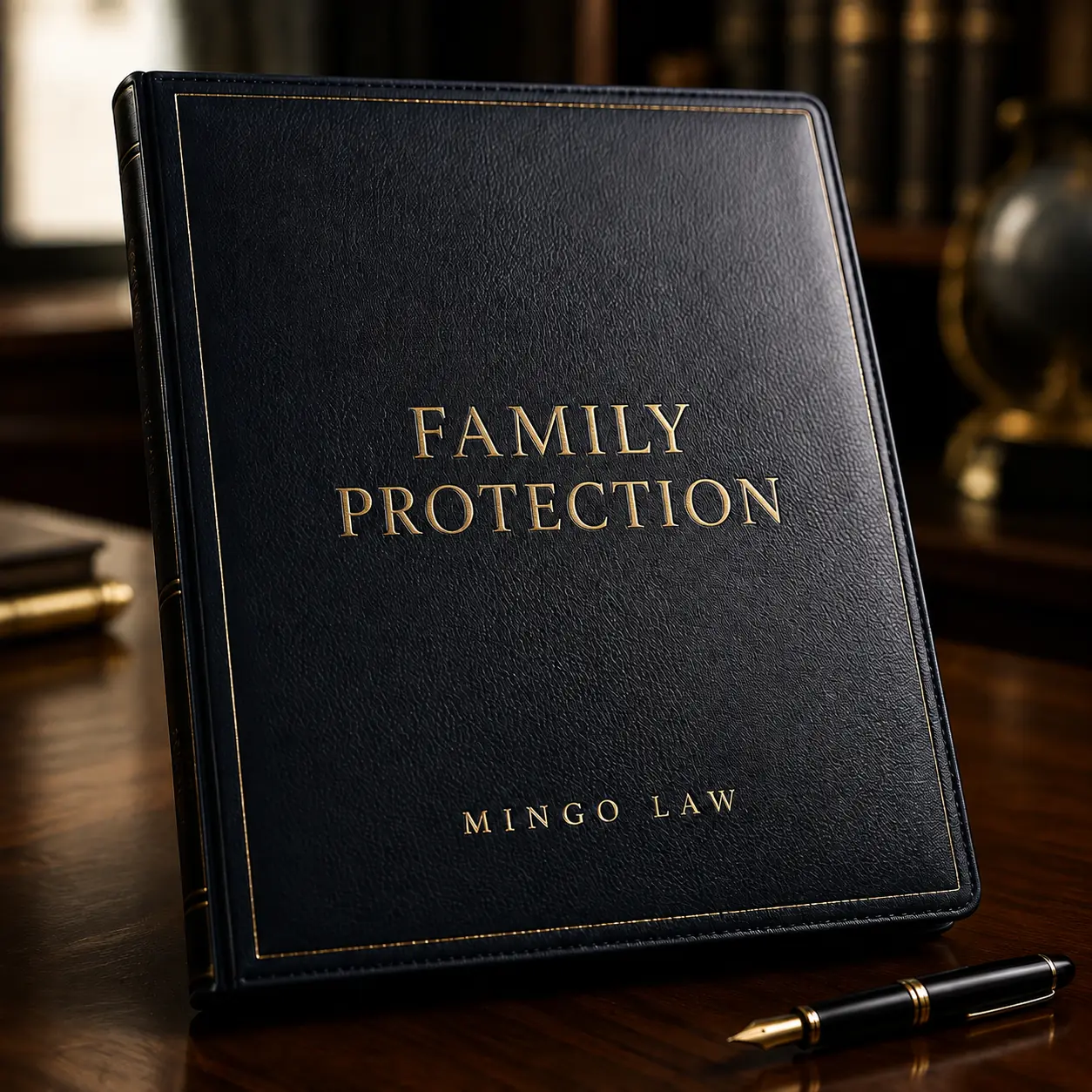 A gold-embossed black leather portfolio titled 'Family Protection' beside a fountain pen on a wooden desk