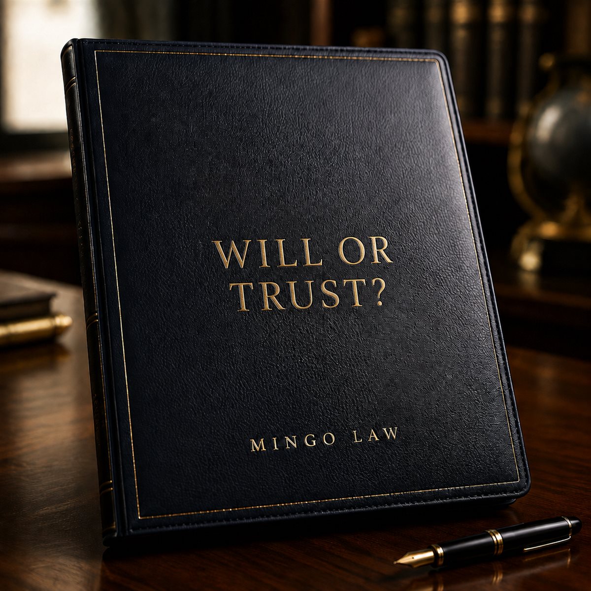 A gold-embossed black leather portfolio titled 'Will or Trust?' beside a fountain pen on a wooden desk